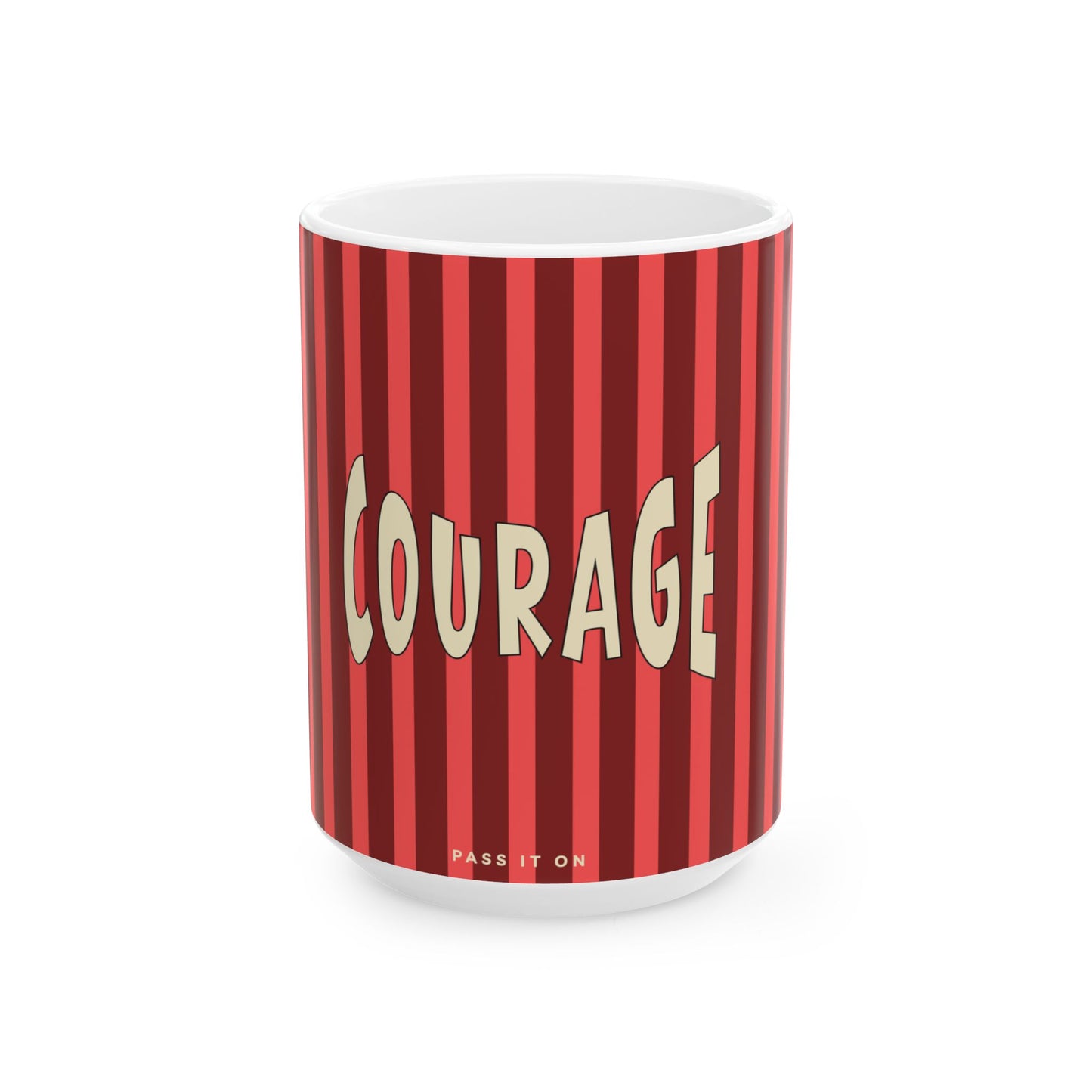 Mug with red and white striped pattern and 'Courage' text on a white background