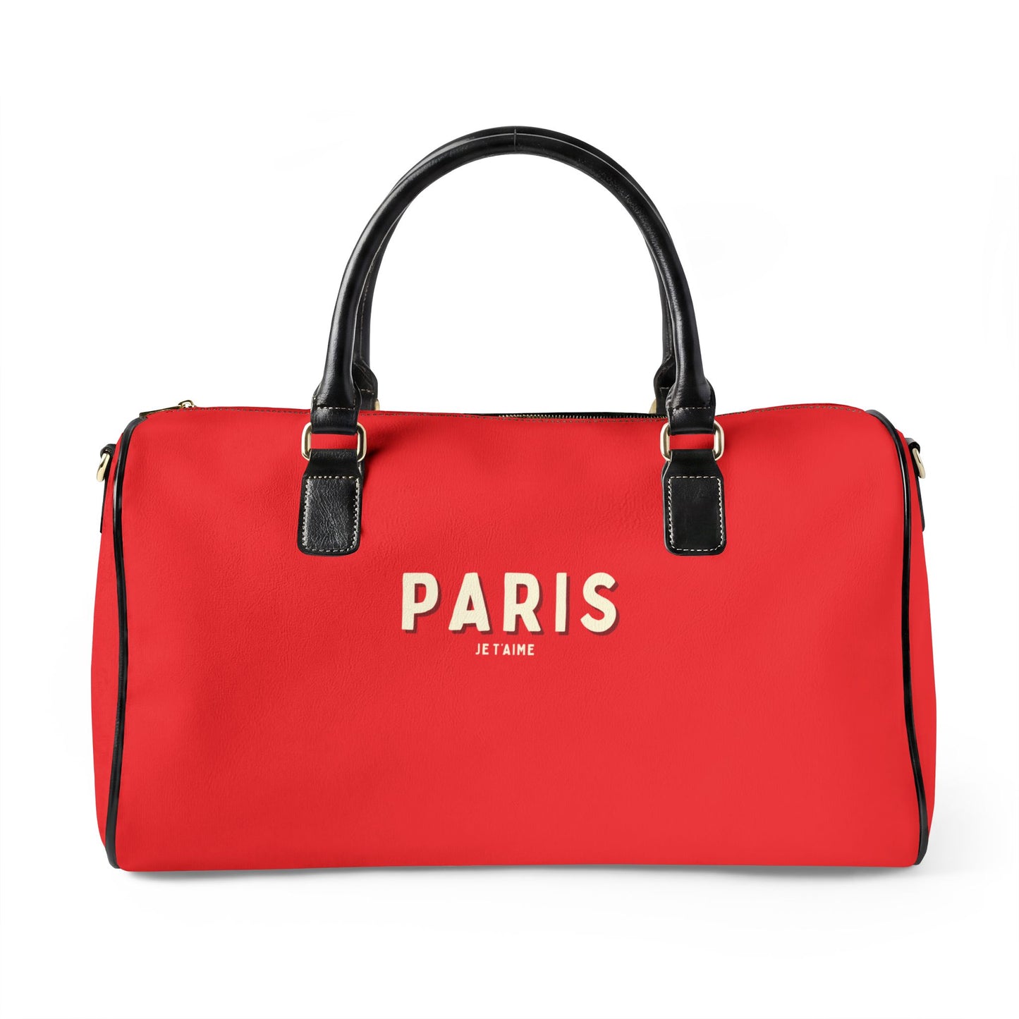 Red duffel bag with 'PARIS' text on a white background
