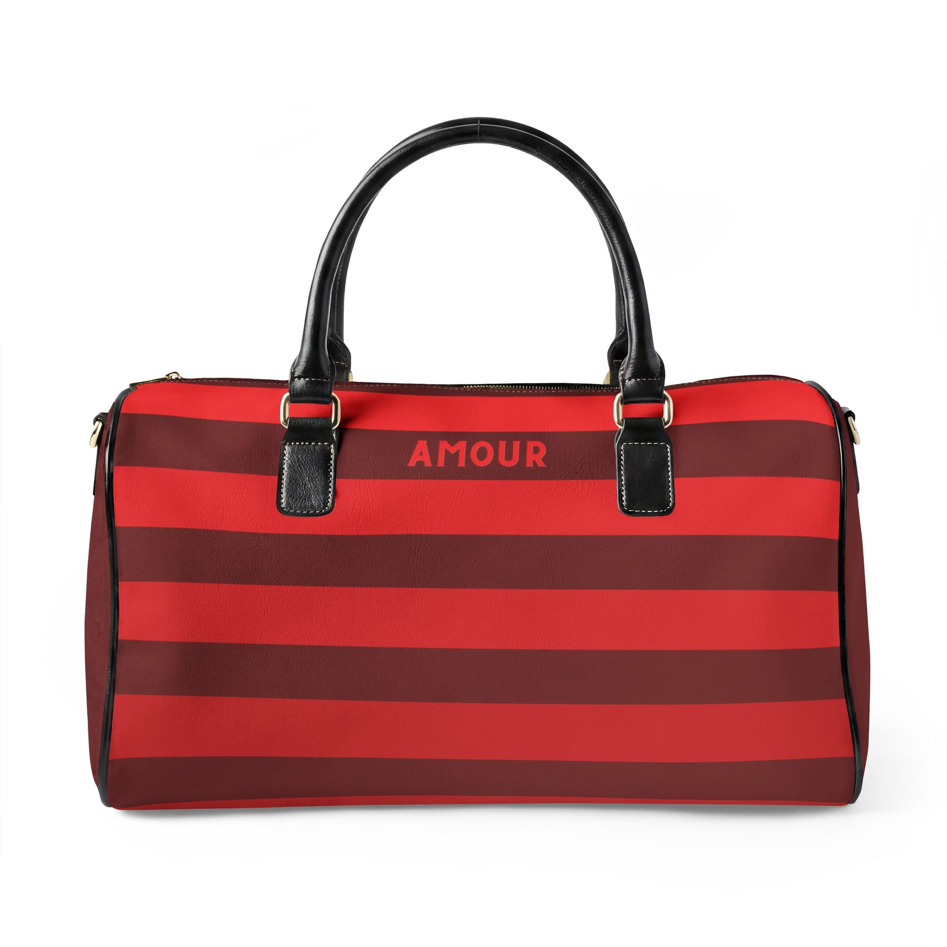 Red and brown striped bag with 'AMOUR' text on a white background