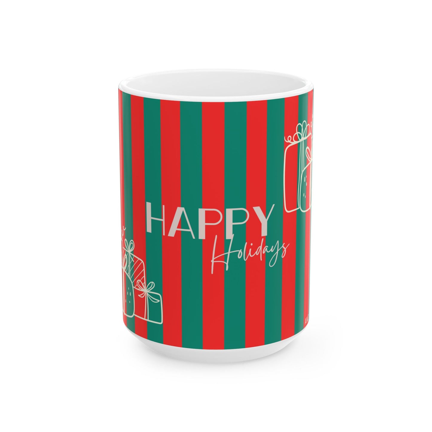 Mug with red and green striped pattern and 'Happy Holidays' text on a white background