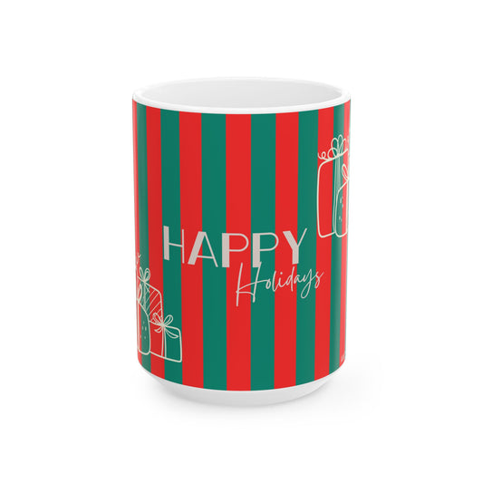 Mug with red and green striped pattern and 'Happy Holidays' text on a white background