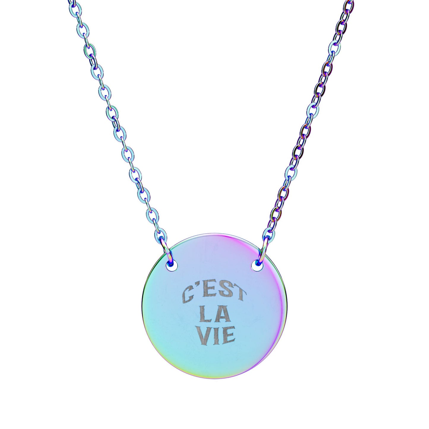 Necklace with a round, iridescent pendant featuring 'C'EST LA VIE' on a white background