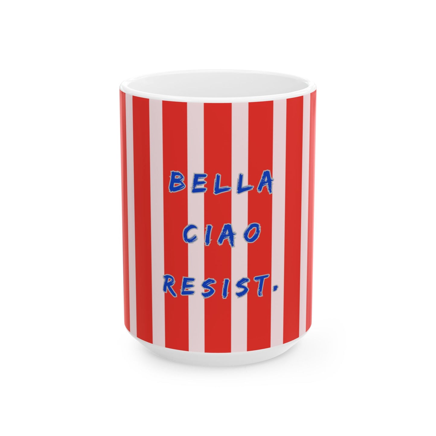 Mug with red and white striped pattern and blue text on a white background