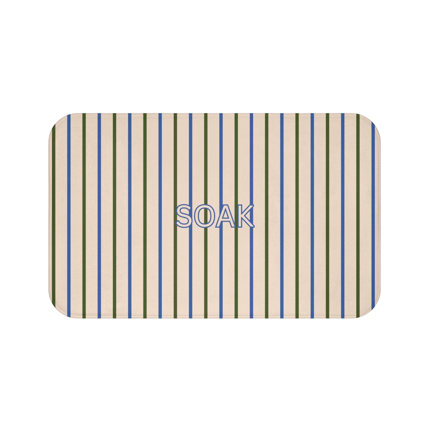 Striped bath mat with 'SOAK' text on a white background