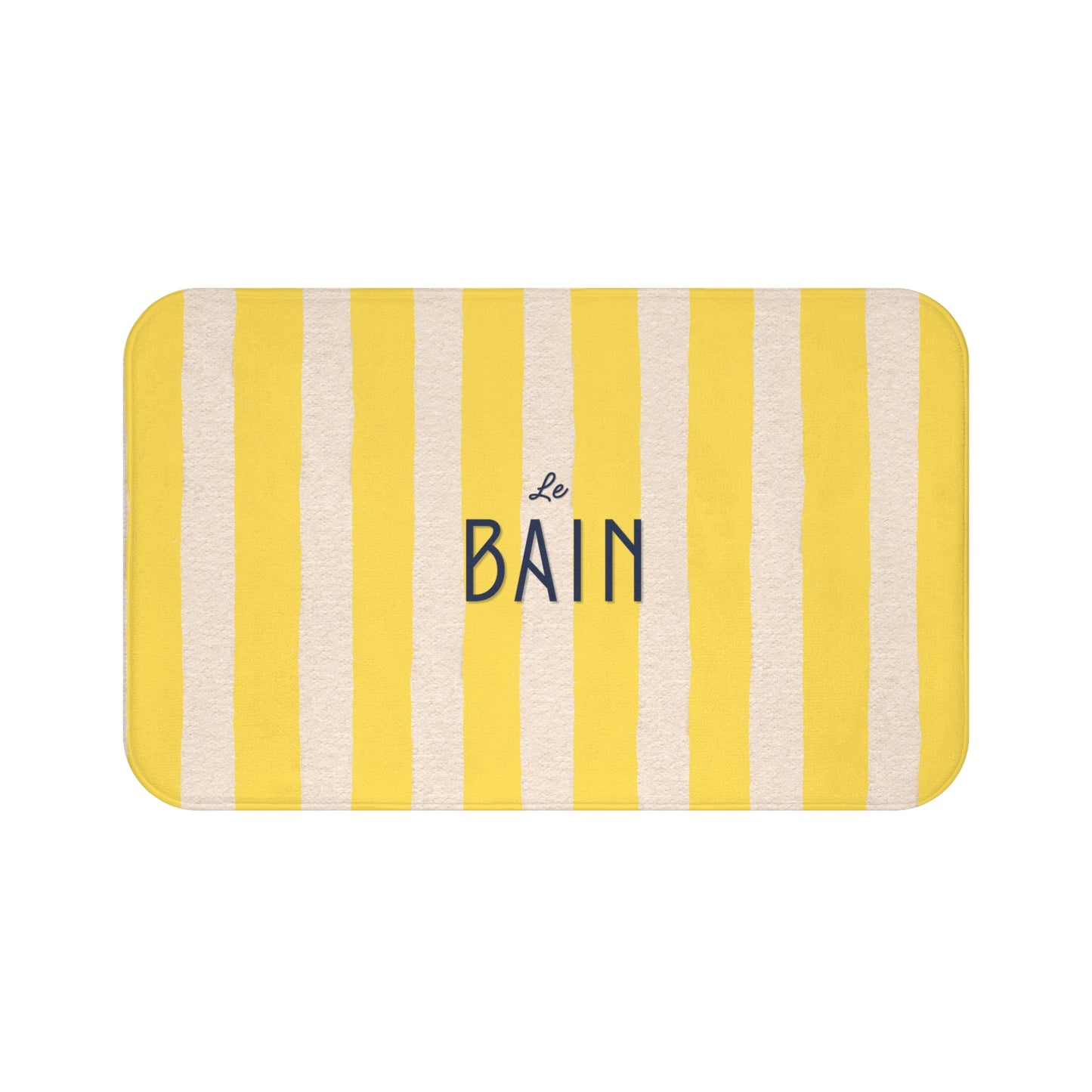 Striped bath mat with 'Le Bain' text on a white background