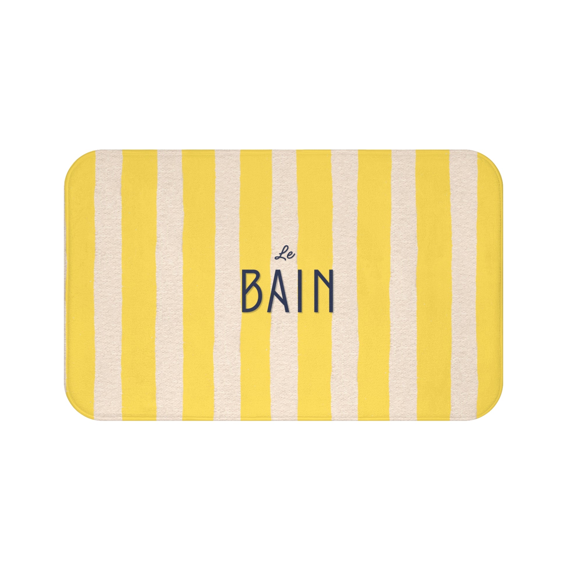 Striped bath mat with 'Le Bain' text on a white background