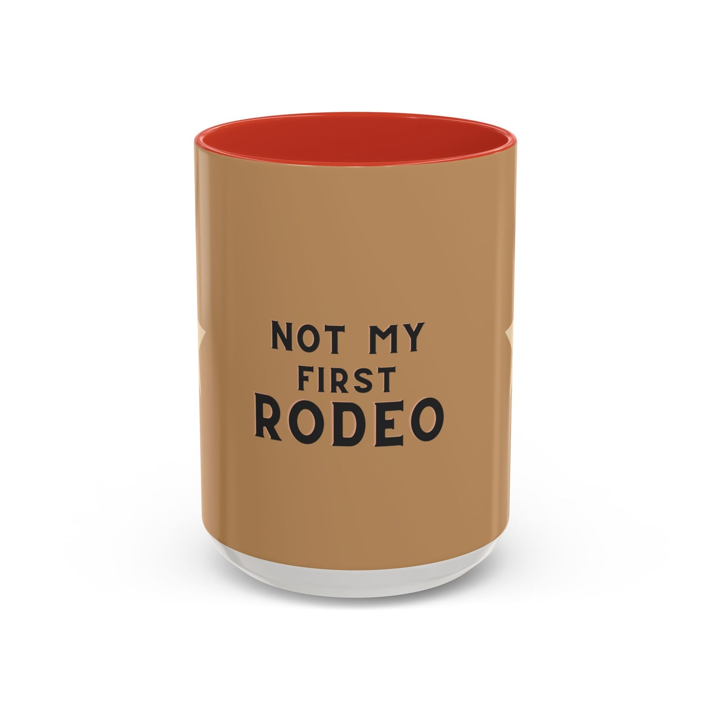 Brown tumbler with red interior and 'Not My First Rodeo' text on a white background