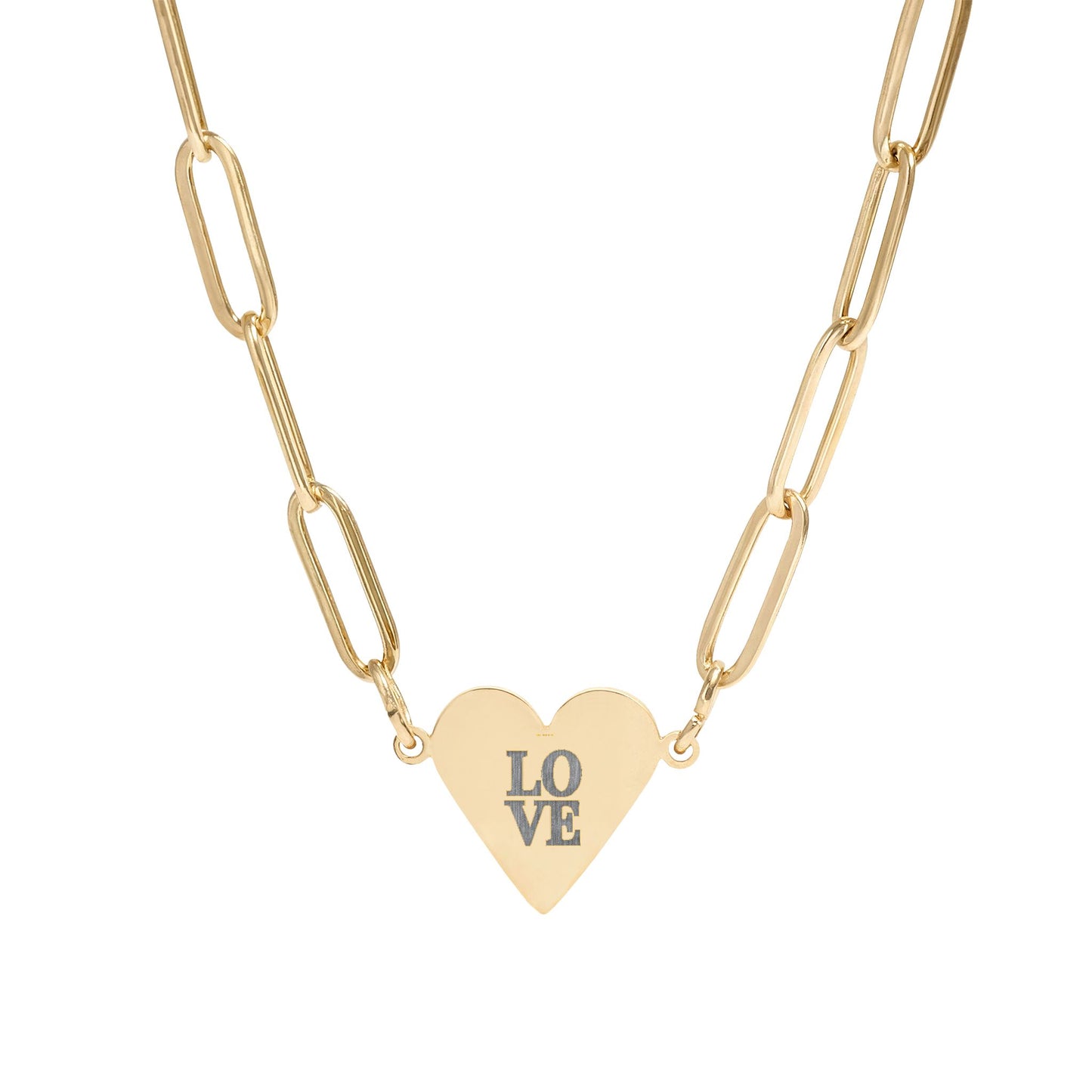 Gold necklace with a heart-shaped pendant displaying 'LOVE' on a white background