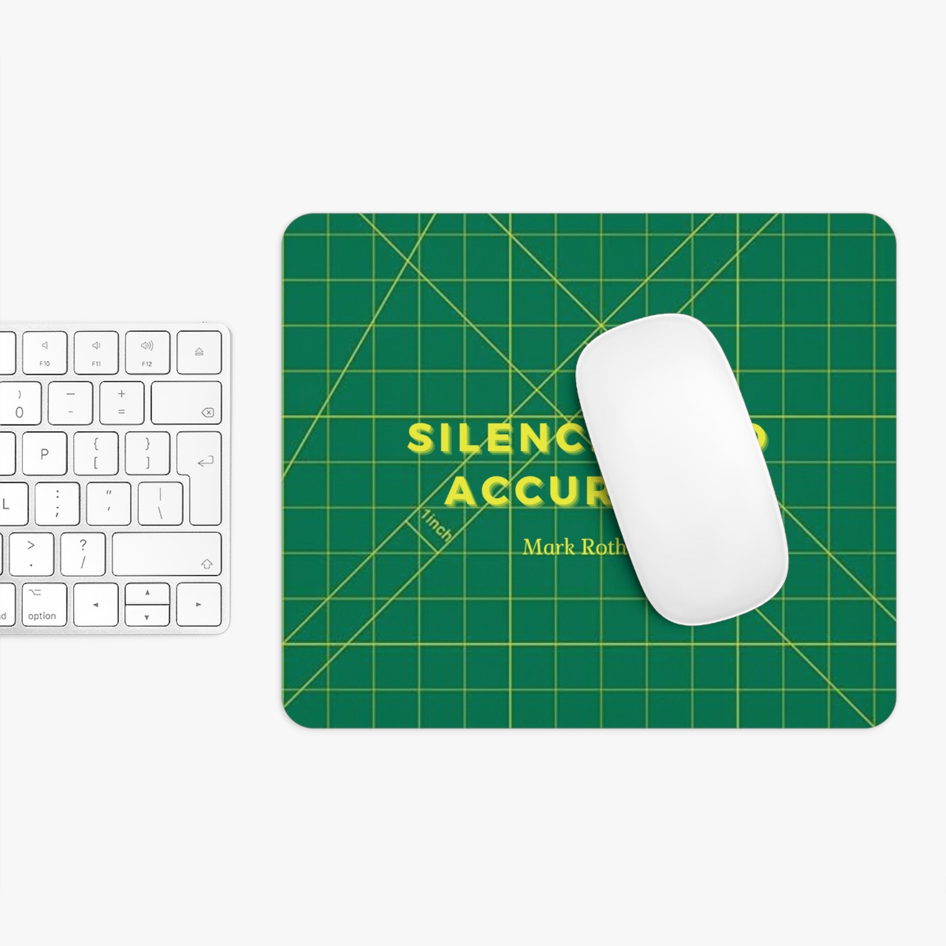Green mouse pad with yellow text and a white mouse on a white background