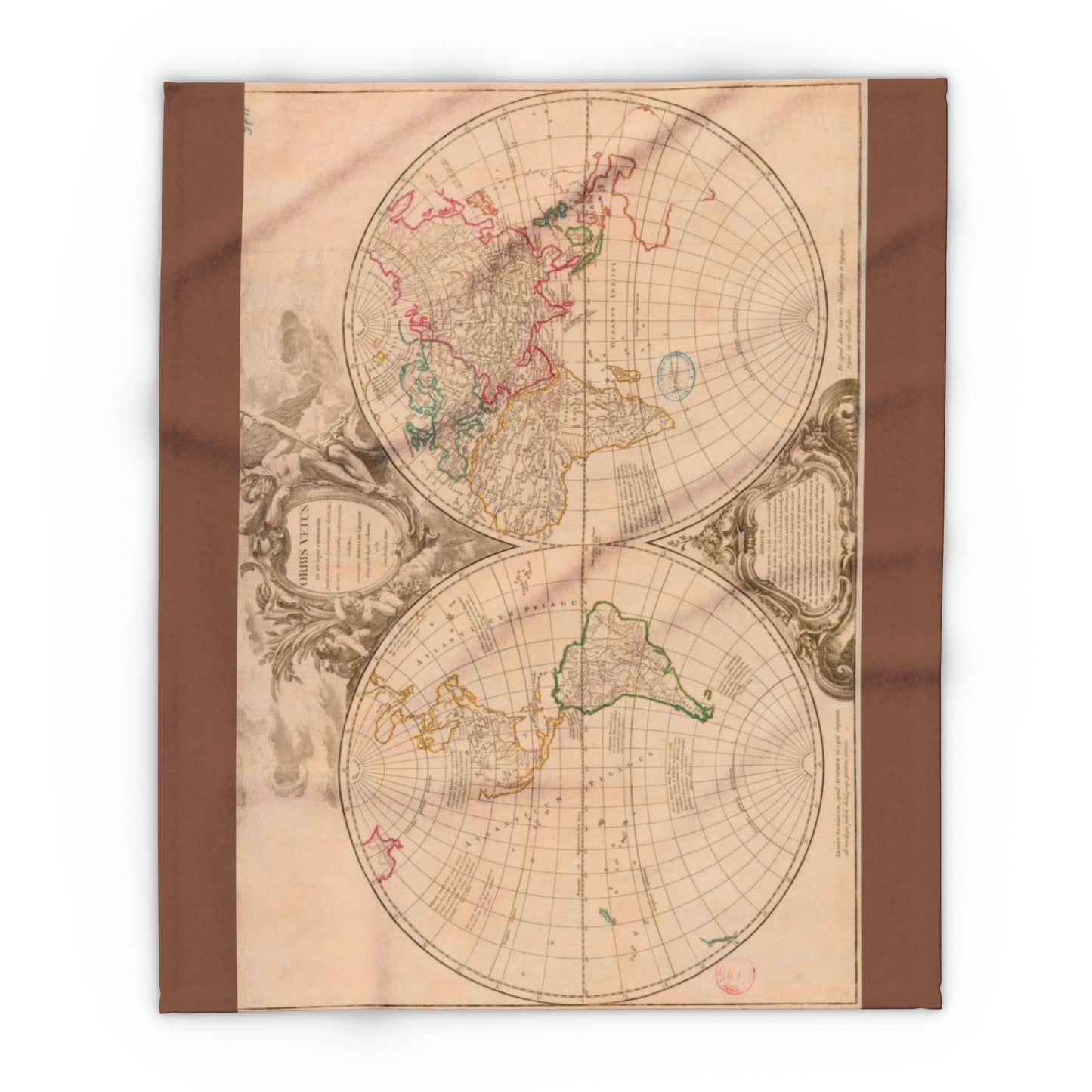 Vintage-style world map blanket on a white background