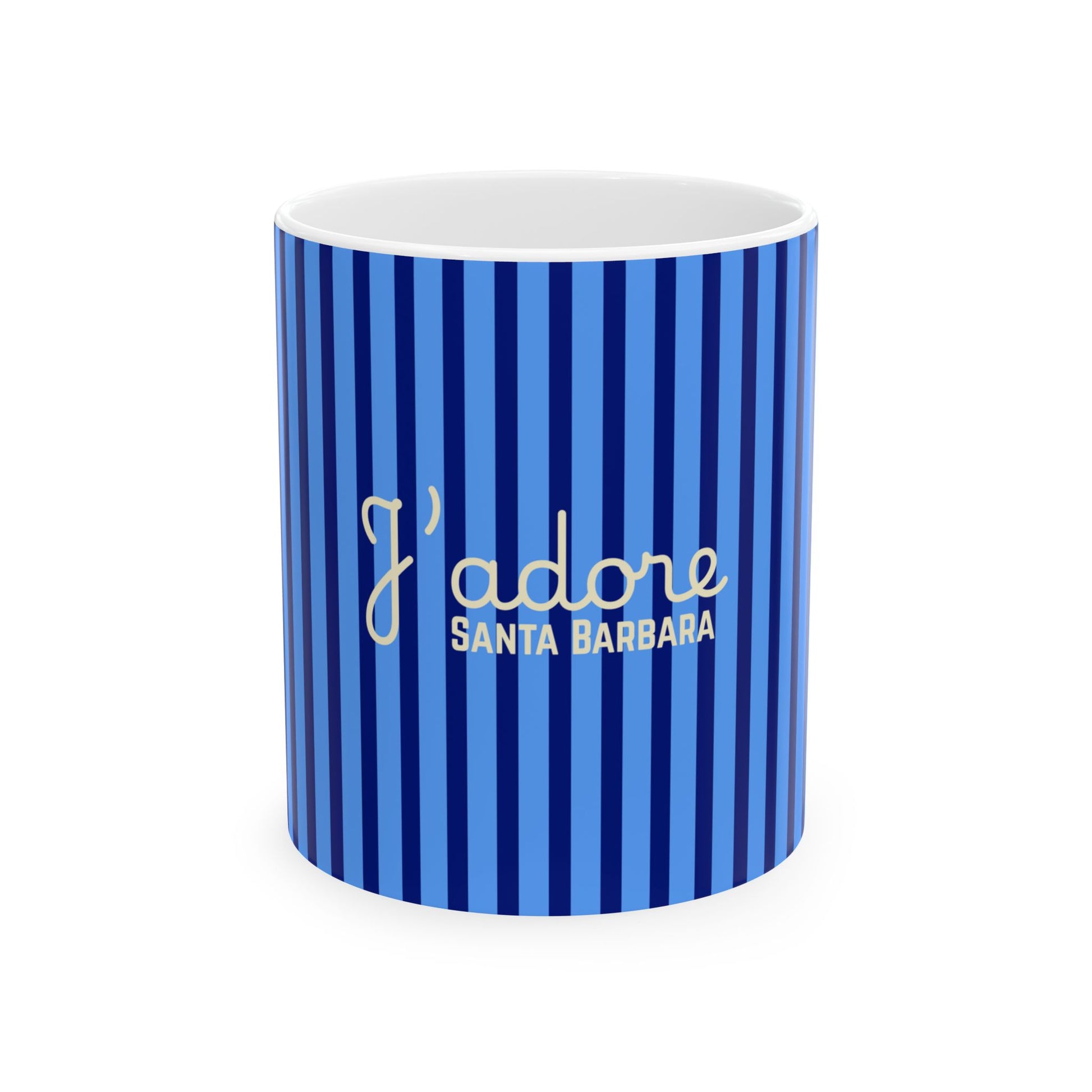 A ceramic mug with a vertical blue and navy stripe pattern, featuring the text 'I'adore SANTA BARBARA' in gold lettering on the front, set against a plain white background.