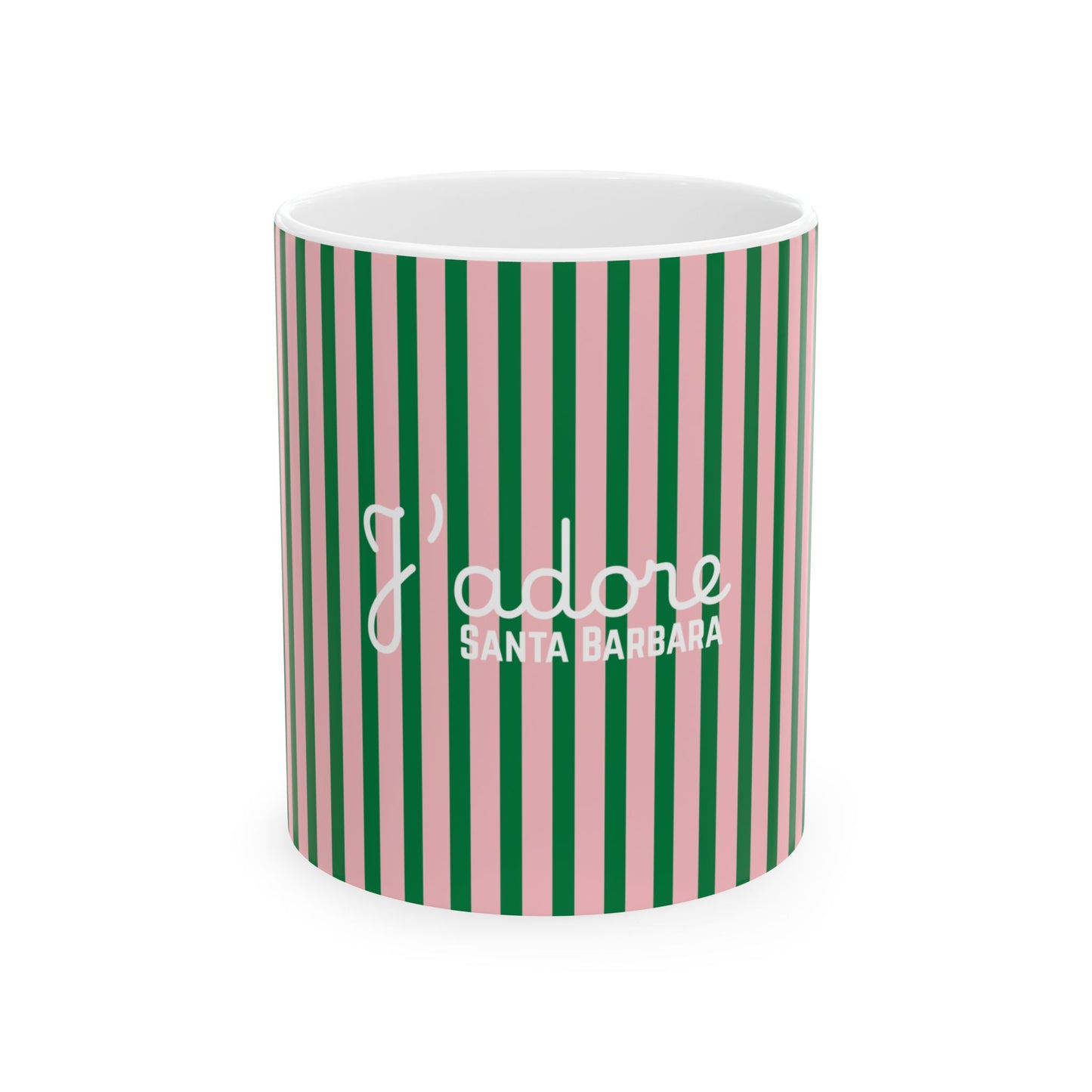 A white ceramic mug with vertical pink and green stripes, featuring the white text 'e'adore SANTA BARBARA' on the front, set against a plain white background.