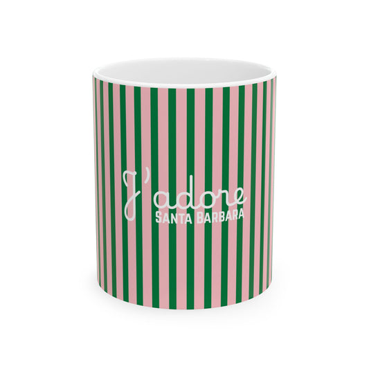 A white ceramic mug with vertical pink and green stripes, featuring the white text 'e'adore SANTA BARBARA' on the front, set against a plain white background.
