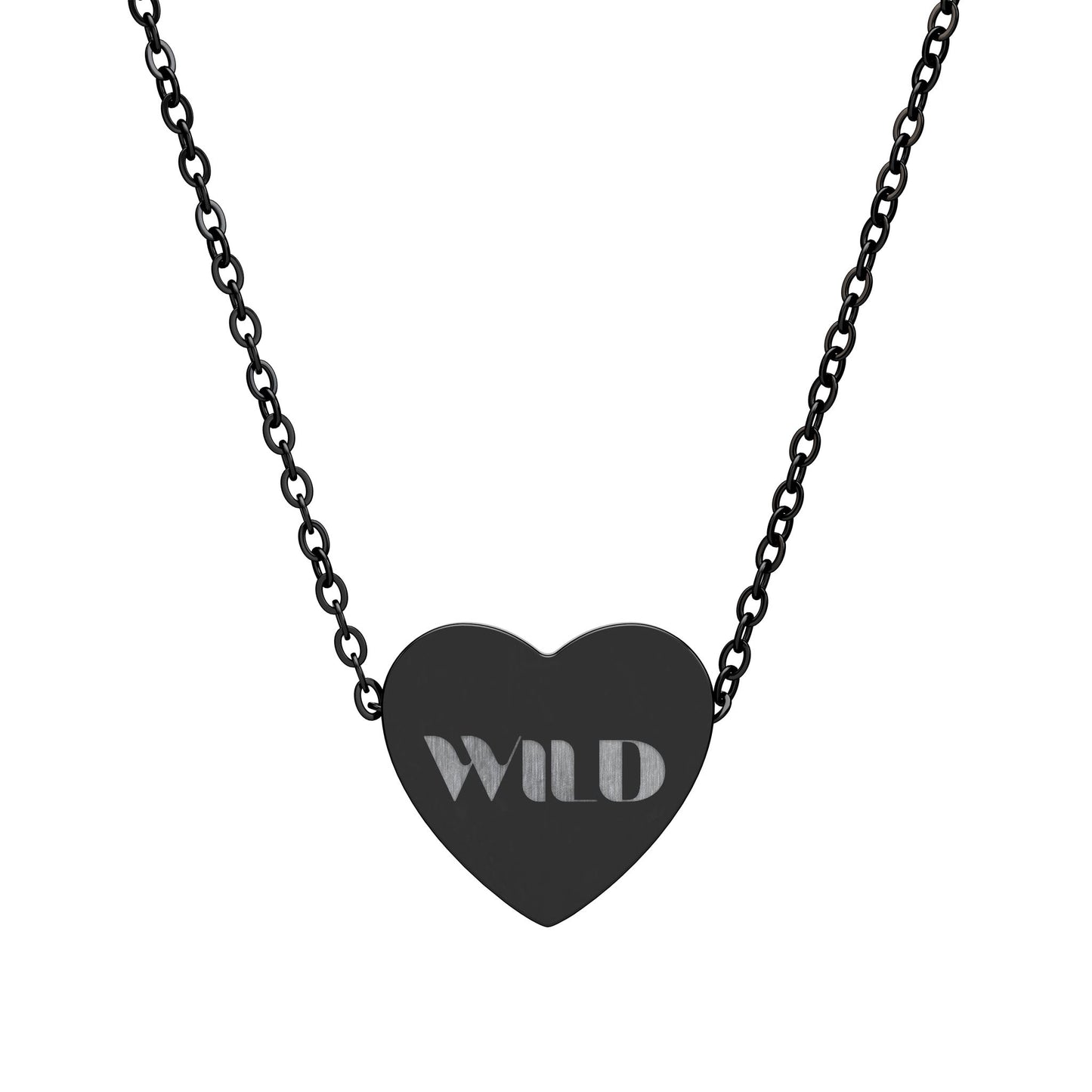 Black heart-shaped pendant with 'WILD' engraving on a chain against a white background