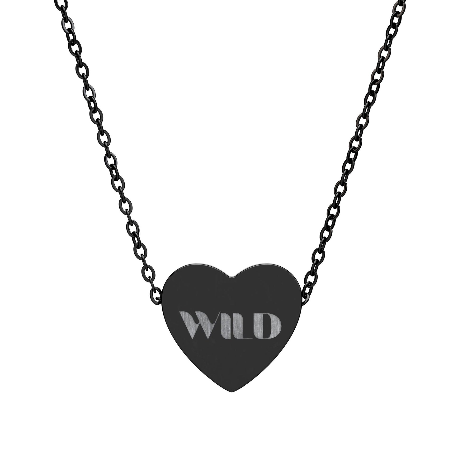Black heart-shaped pendant with 'WILD' engraving on a chain against a white background