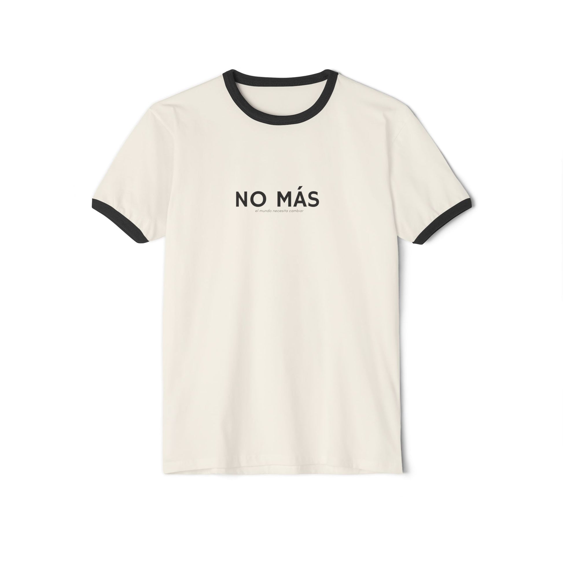 White t-shirt with black text 'NO MÁS' on a white background