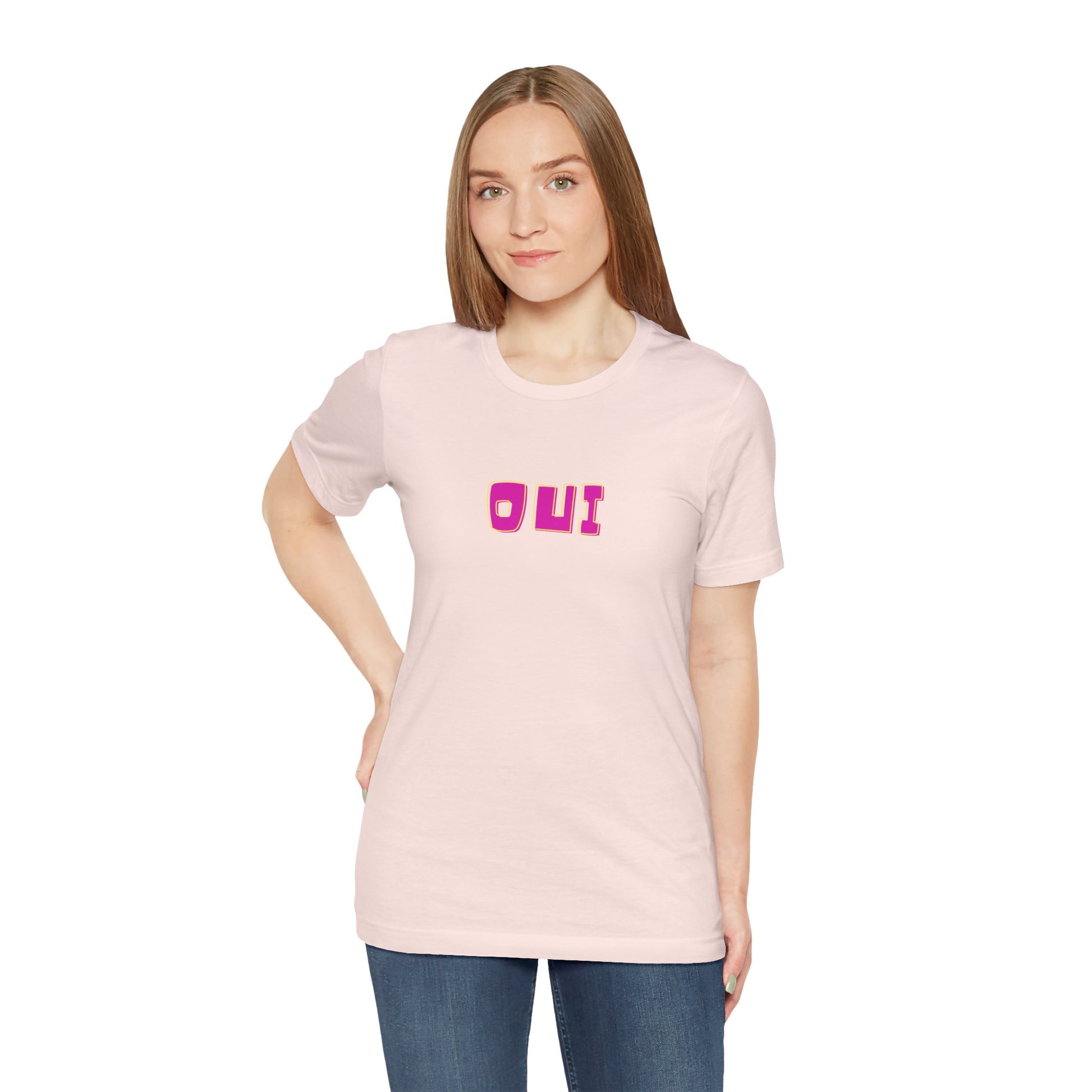 Woman wearing a white t-shirt with a black design on a white background