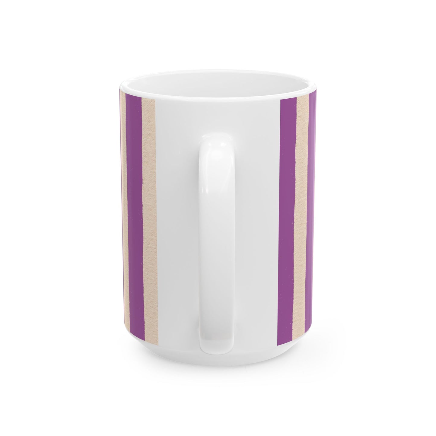 White mug with purple and beige stripes on a white background