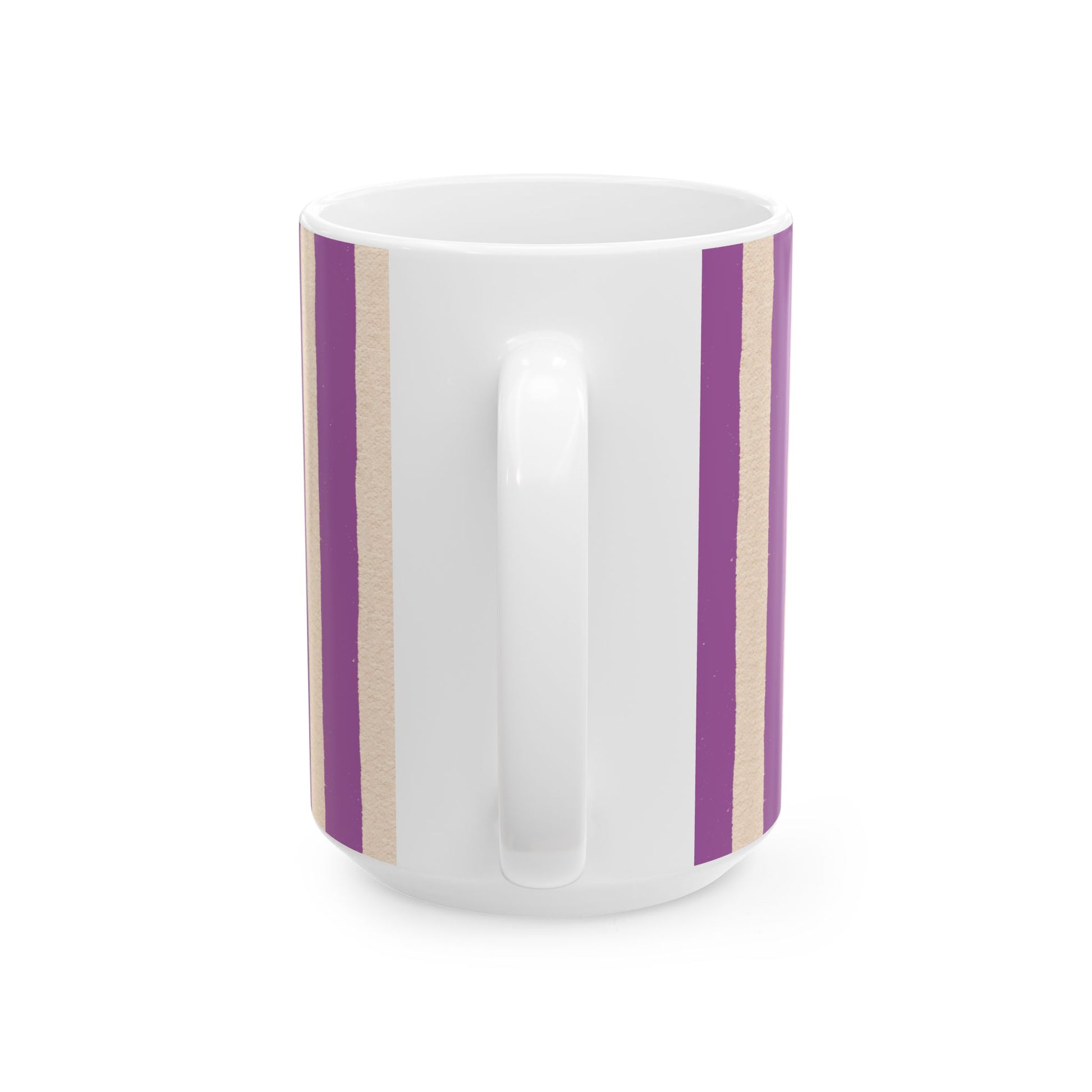 White mug with purple and beige stripes on a white background