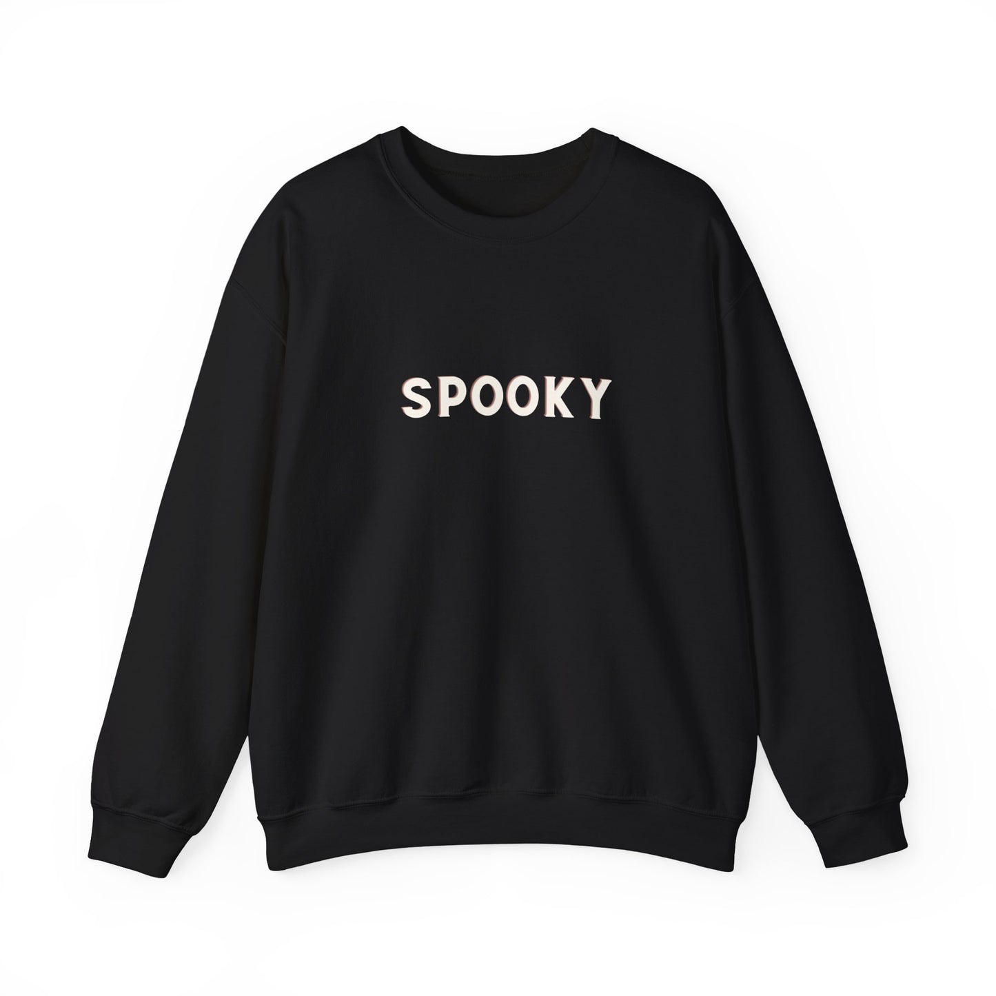 Black sweatshirt with 'SPOOKY' text on a white background