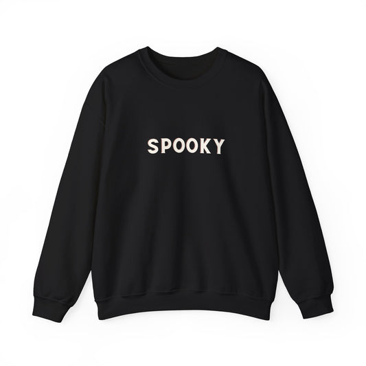 Black sweatshirt with 'SPOOKY' text on a white background