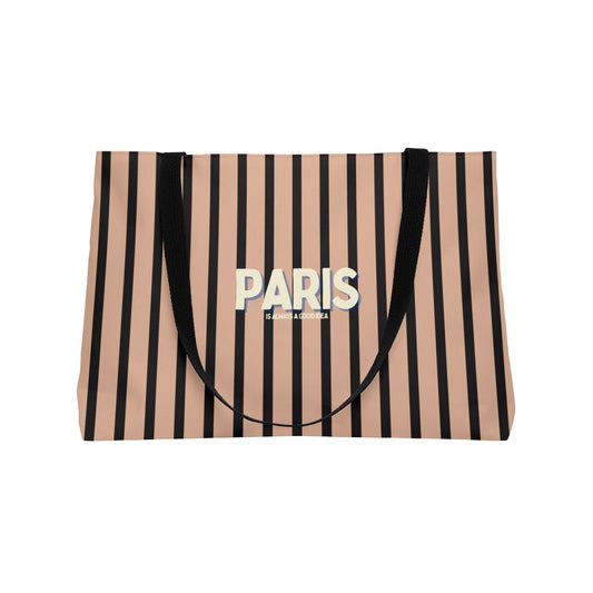 Striped bag with 'PARIS' text on a white background