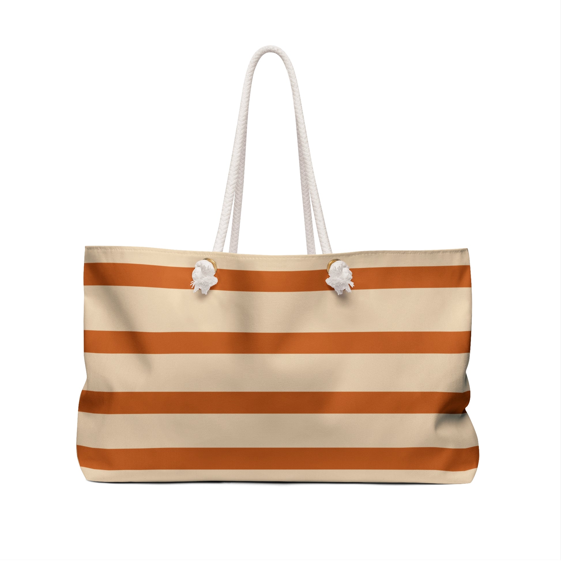 Beige and brown striped tote bag with white handles on a white background