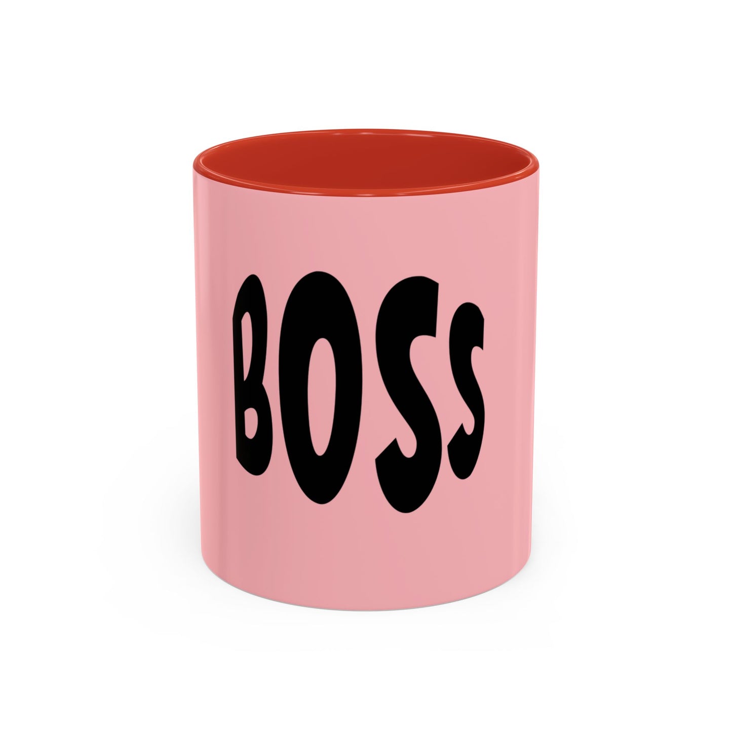 Pink mug with 'BOSS' text on a white background