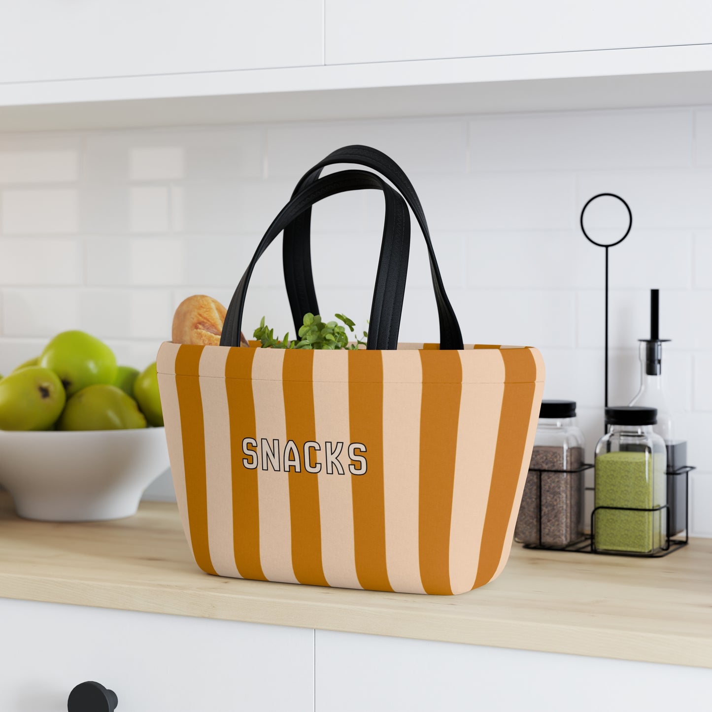 Striped 'SNACKS' Insulated Lunch Bag, Light BROWN — Cute Picnic Tote