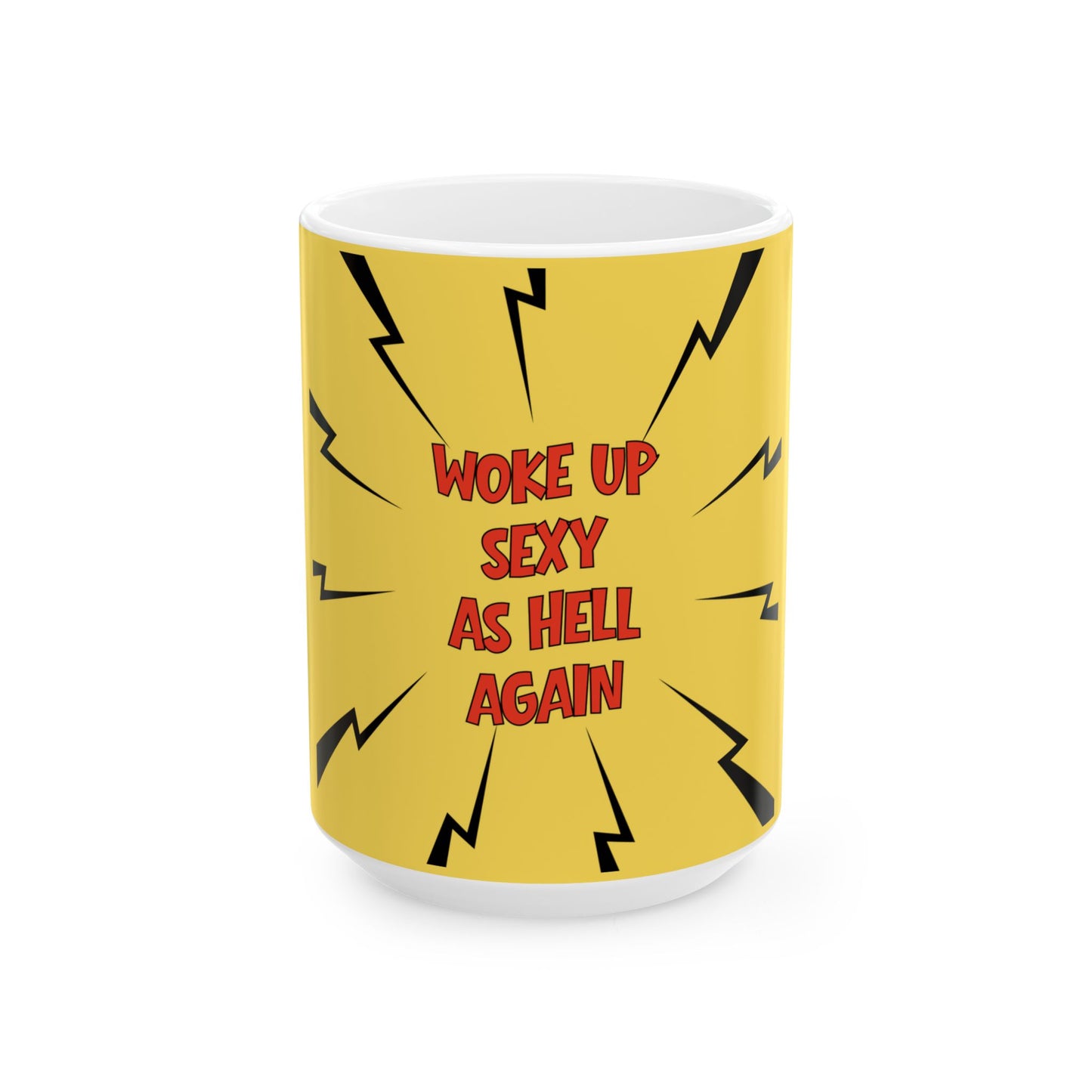Yellow mug with red text and black lightning bolt designs on a white background