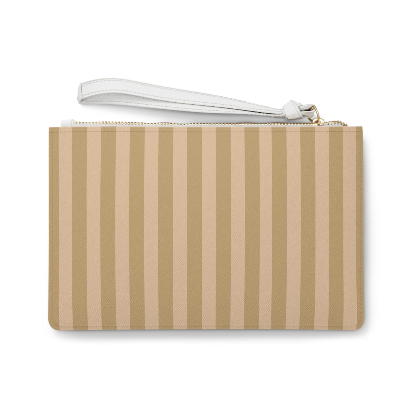 A vertical striped wristlet clutch with alternating beige and light tan stripes, featuring a white wrist strap and a gold zipper.