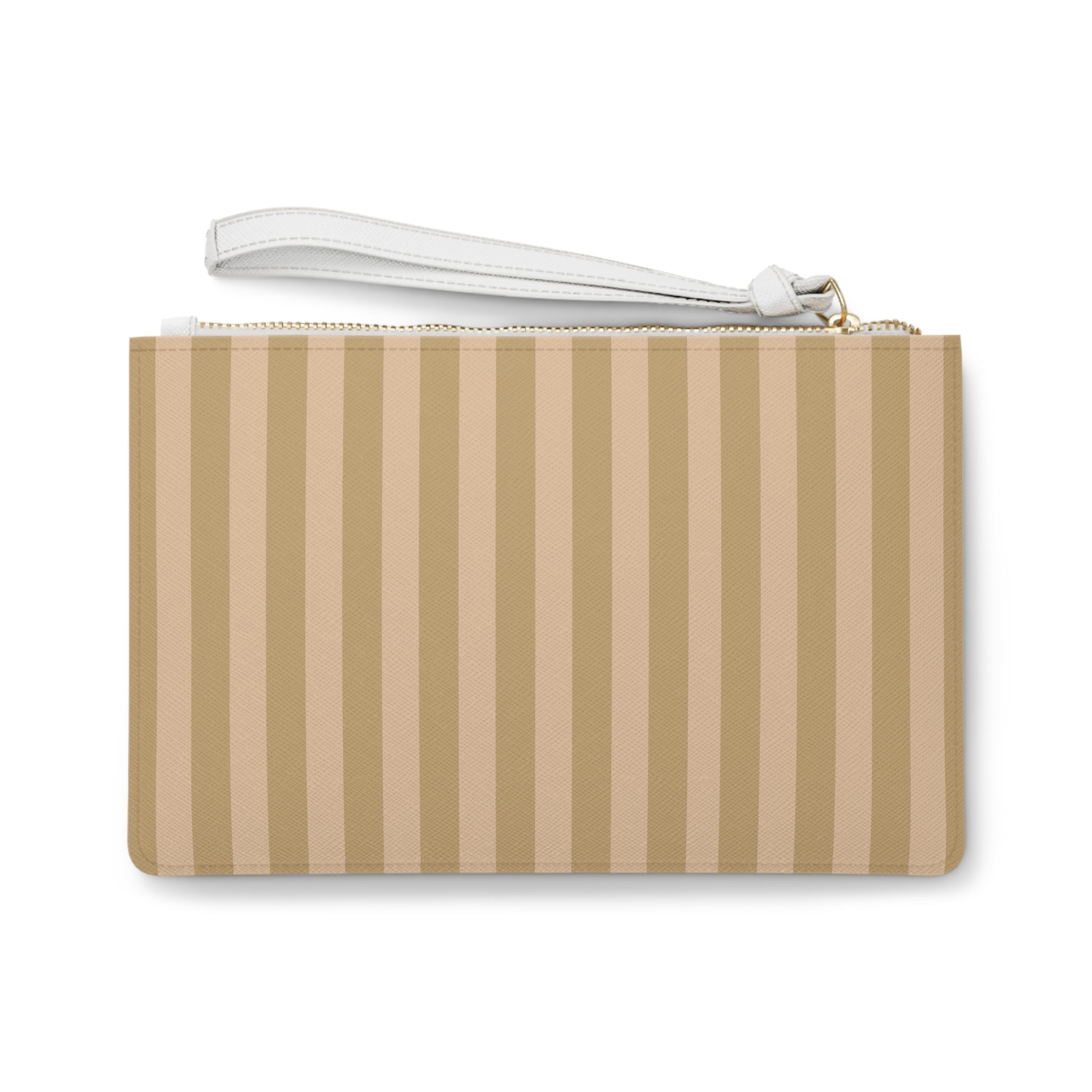 A vertical striped wristlet clutch with alternating beige and light tan stripes, featuring a white wrist strap and a gold zipper.