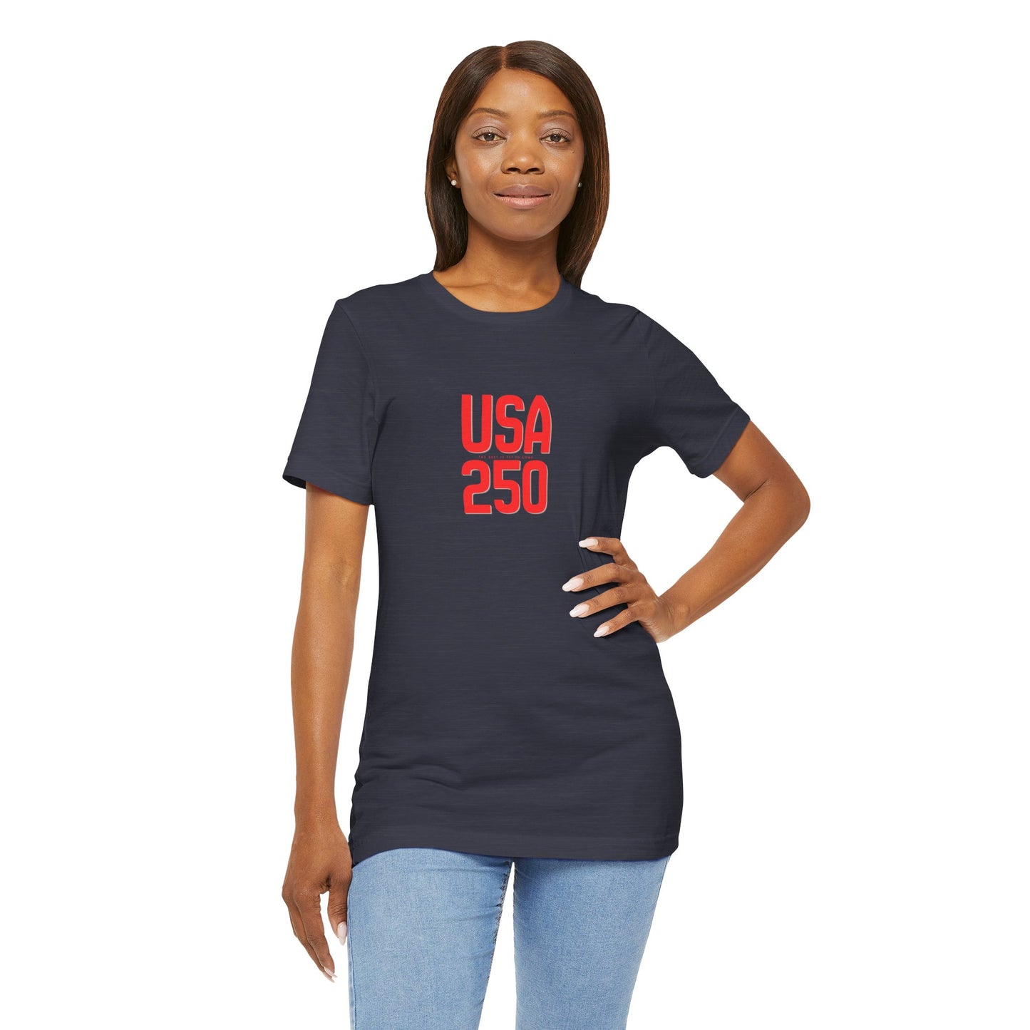 Woman wearing a navy blue t-shirt with text design on a white background
