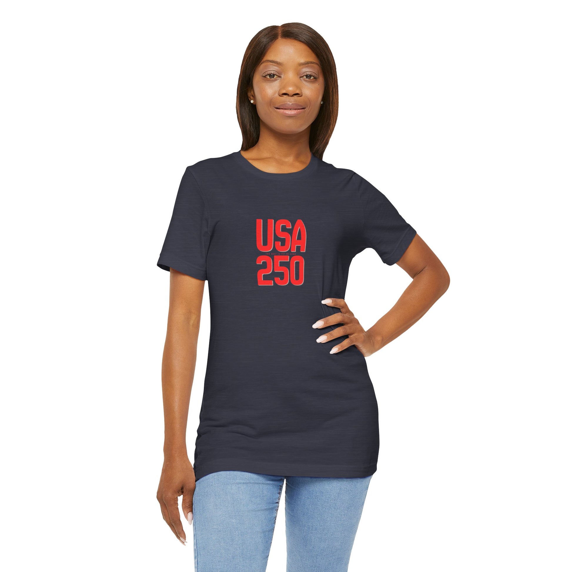Woman wearing a navy blue t-shirt with text design on a white background