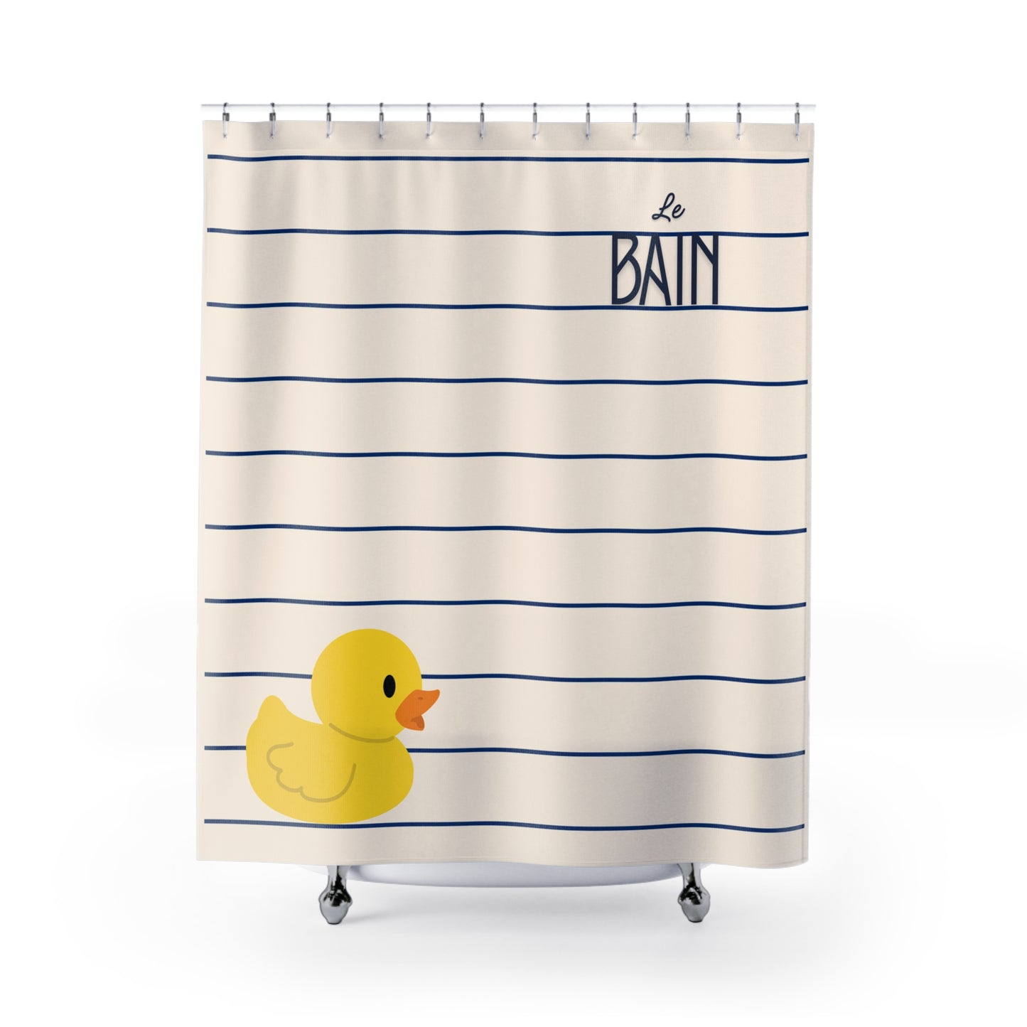 Shower curtain with blue and white stripes and a yellow rubber duck on a white background