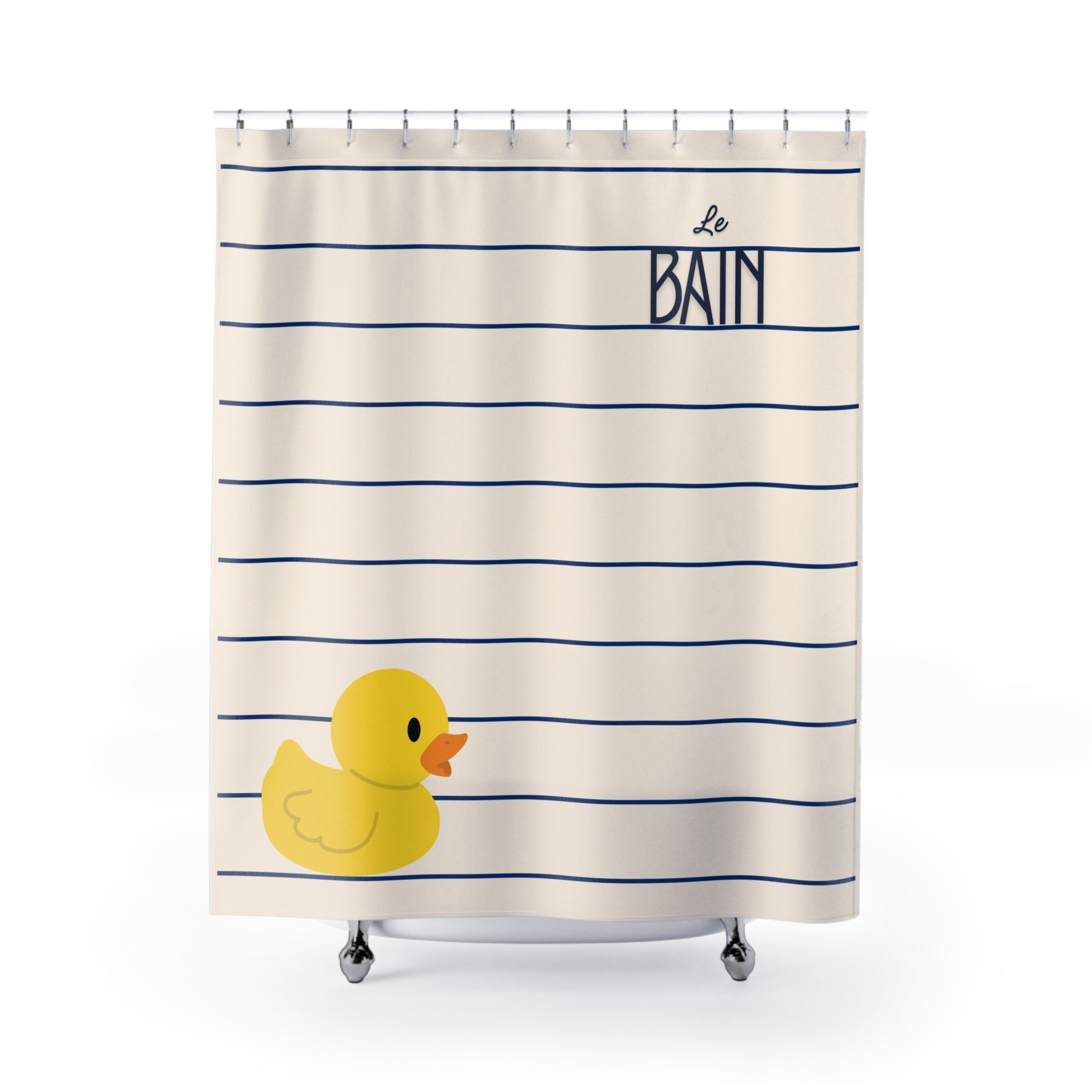 Shower curtain with blue and white stripes and a yellow rubber duck on a white background