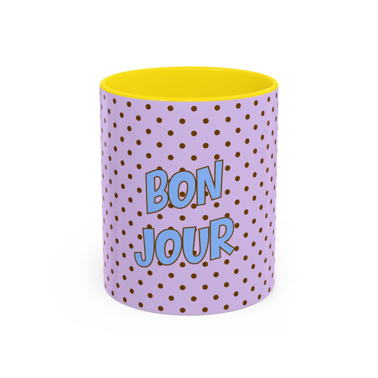 Bonjour Polka Dot Accent Coffee Mug, Lavender, Cute French Café Gift