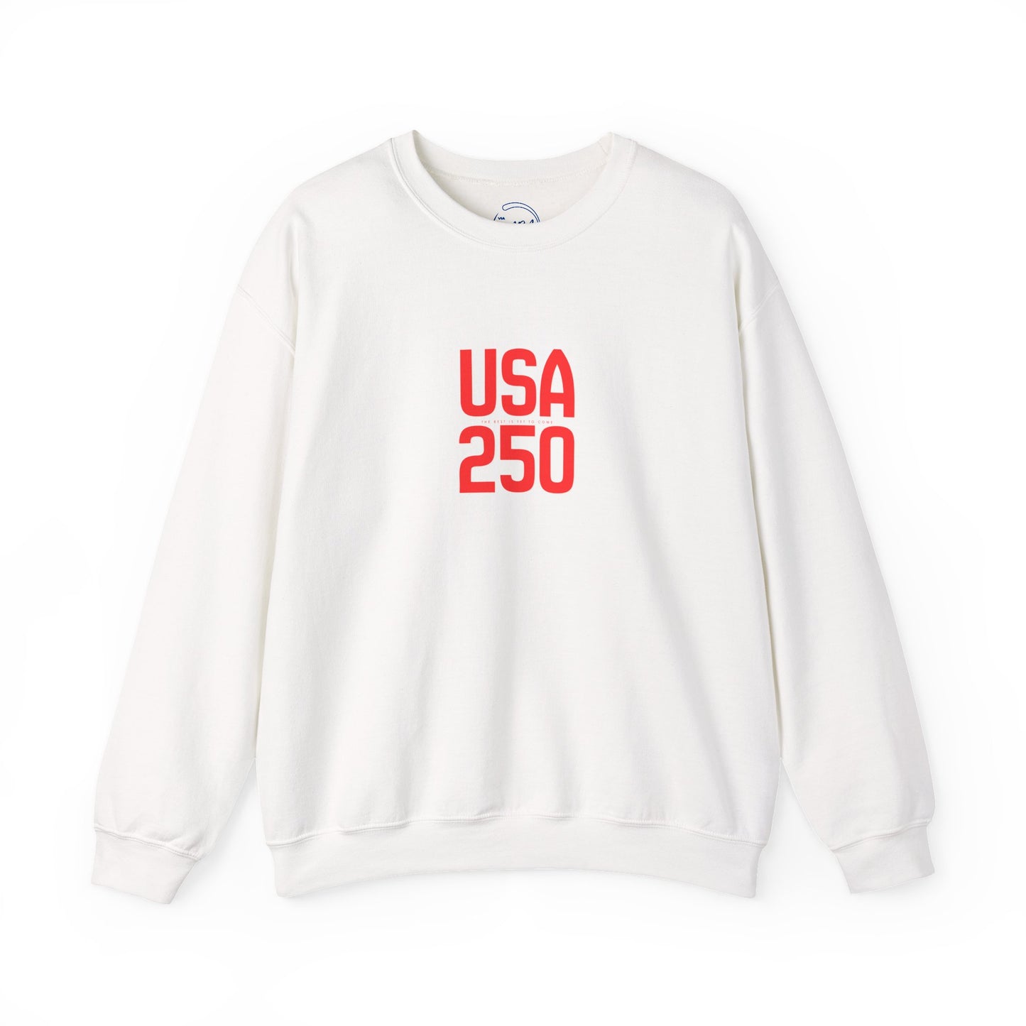 White sweatshirt with 'USA 250' printed in red on a white background