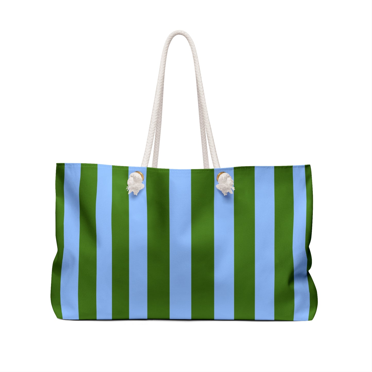Green and blue striped tote bag with rope handles on a white background