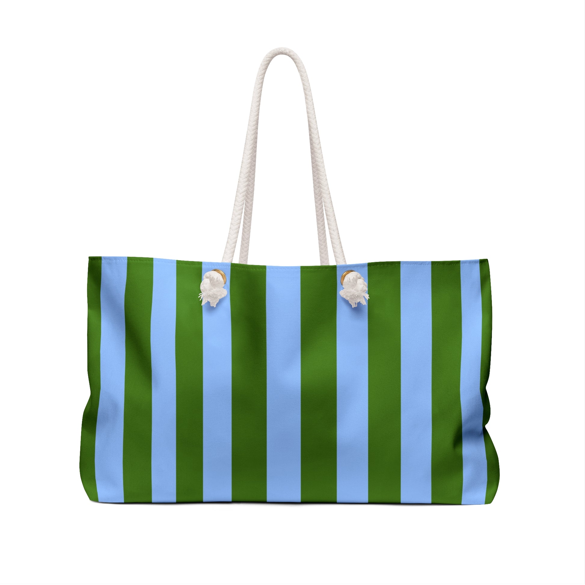 Green and blue striped tote bag with rope handles on a white background