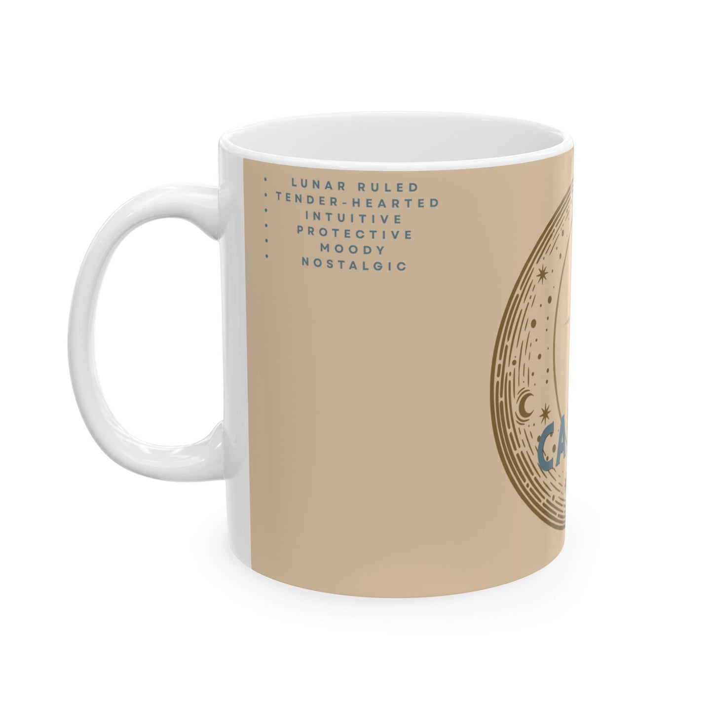 Mug with astrological design and text on a beige background