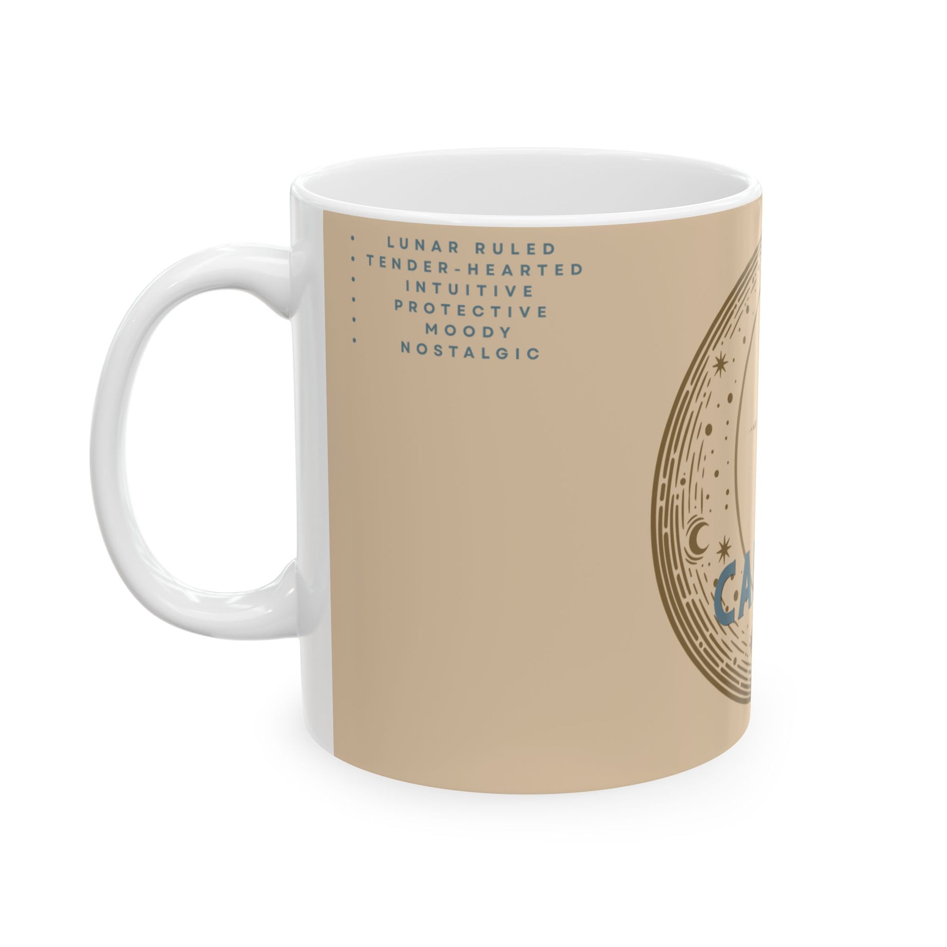 Mug with astrological design and text on a beige background
