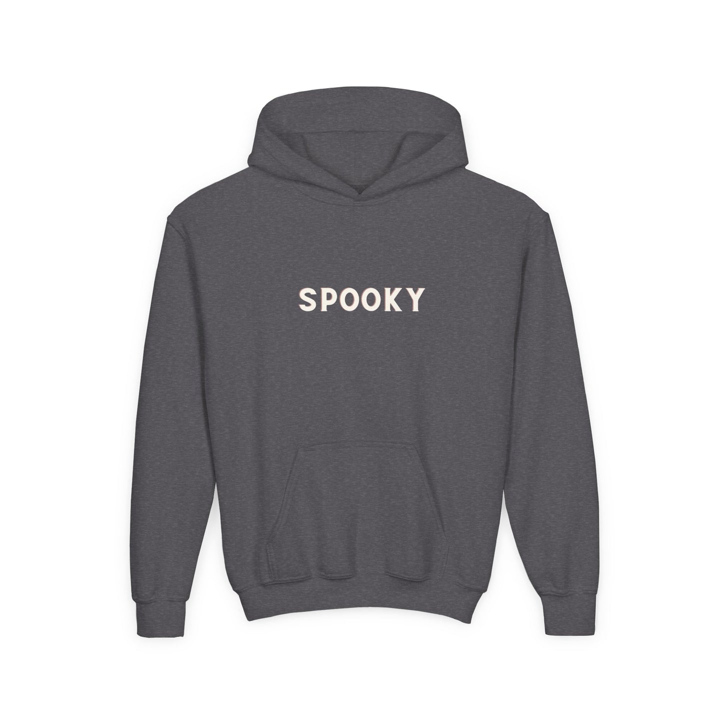 Gray hoodie with 'SPOOKY' text on a white background