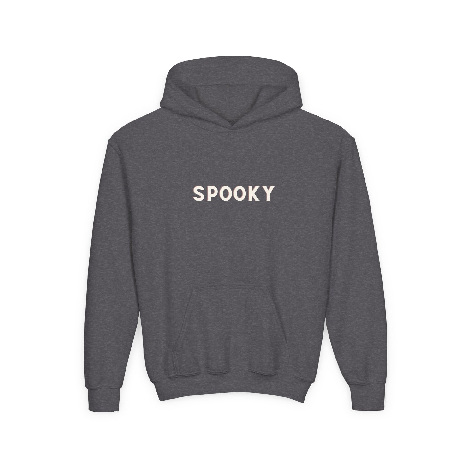 Gray hoodie with 'SPOOKY' text on a white background