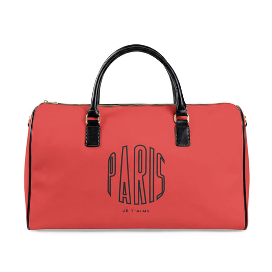Red duffel bag with 'PARIS' text on a white background