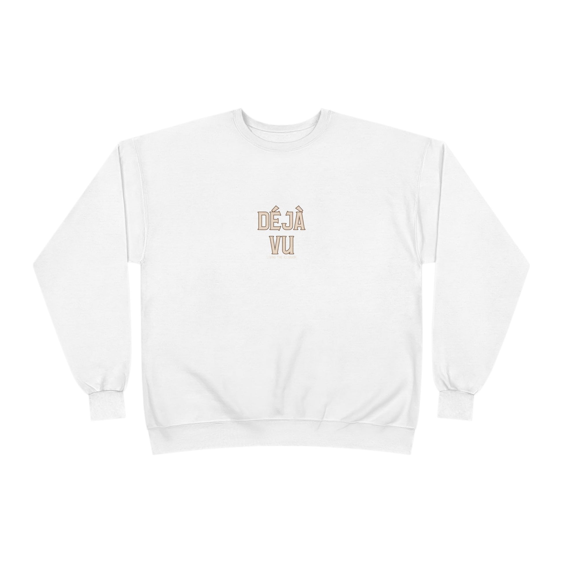 White sweatshirt with 'DEJÓłÑżkářÑ' text on a white background