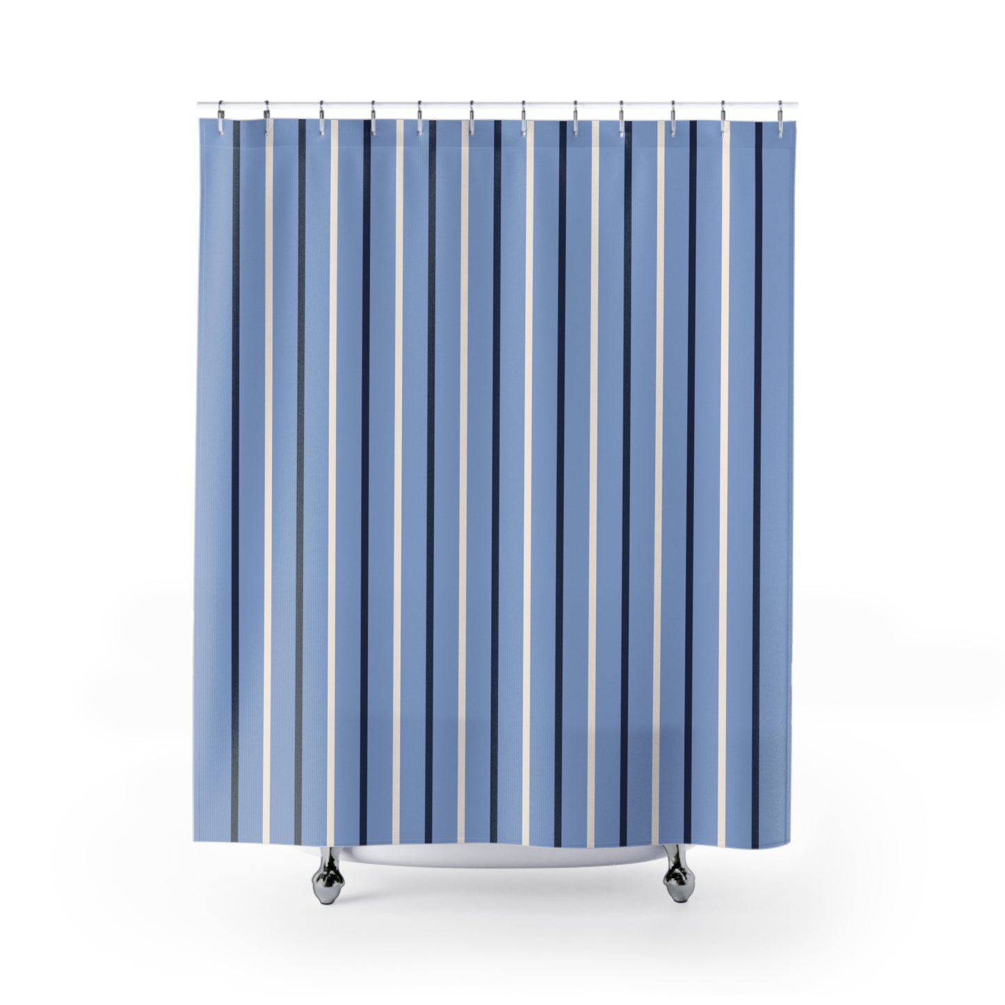 Blue striped shower curtain on a white background