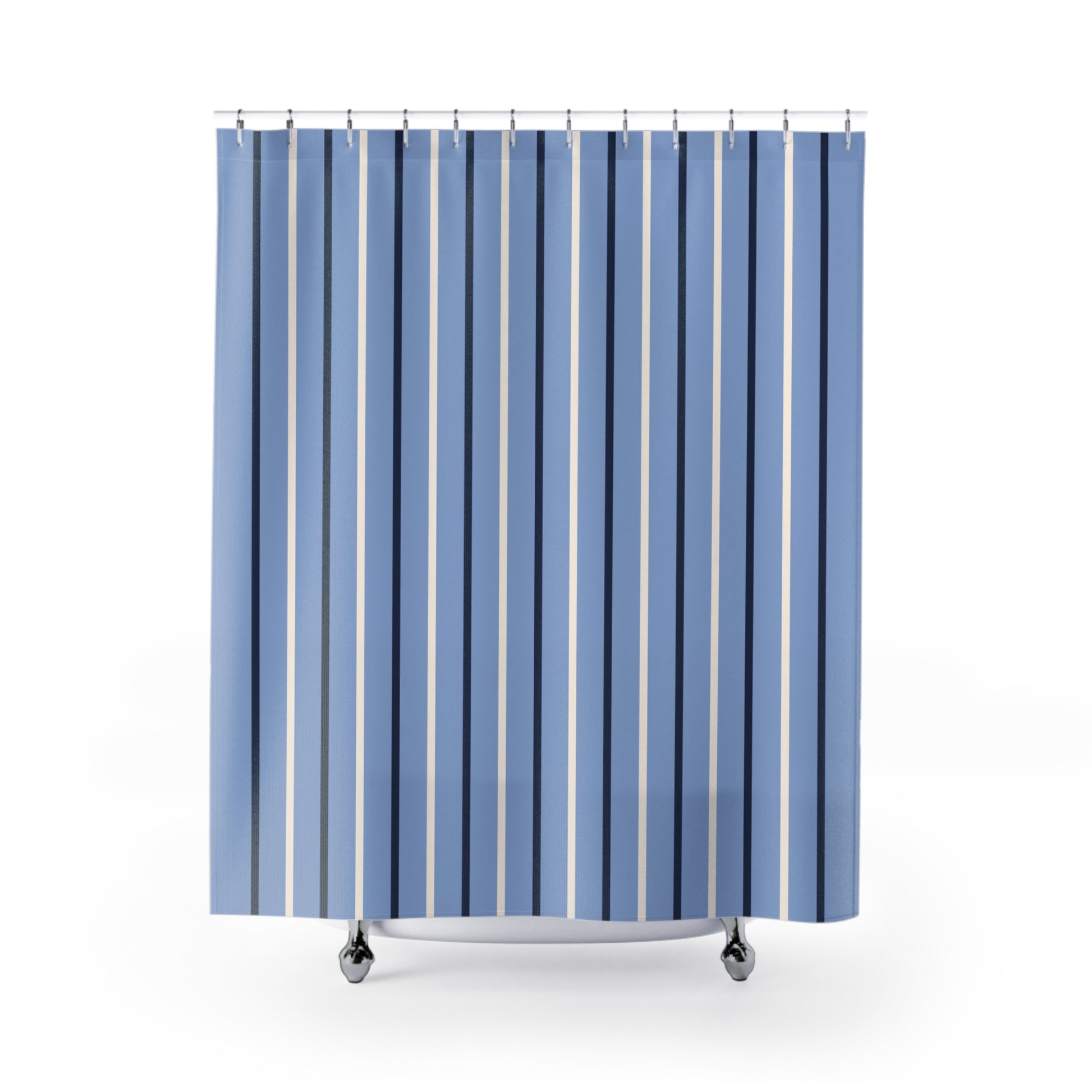 Blue striped shower curtain on a white background