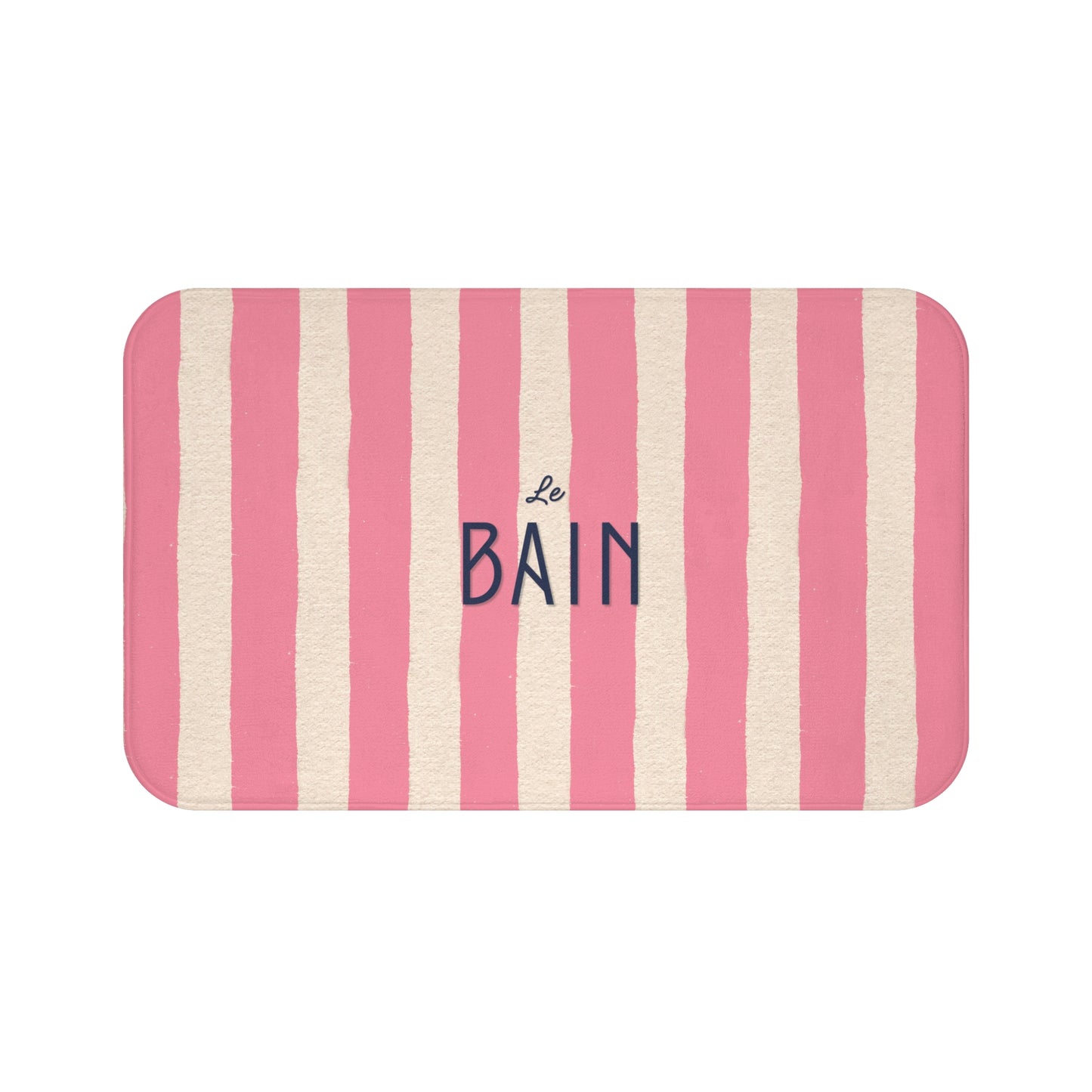 Striped mat with pink and white stripes and 'Le Bain' text on a white background