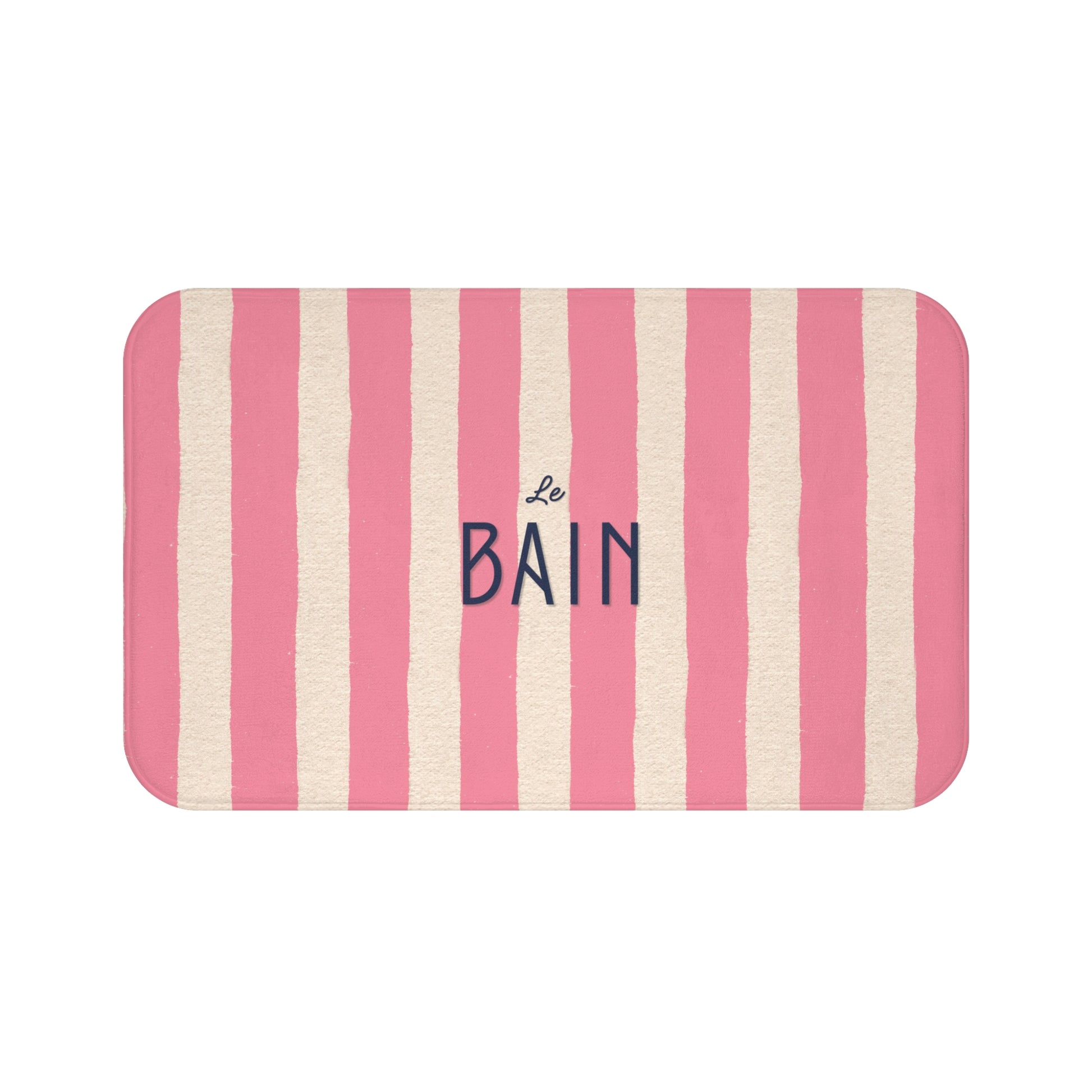 Striped mat with pink and white stripes and 'Le Bain' text on a white background